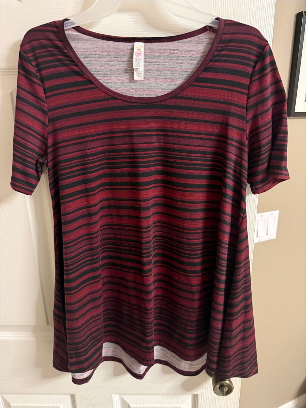 LuLaRoe Burgundy and Black Striped Scoop Neck Tee
